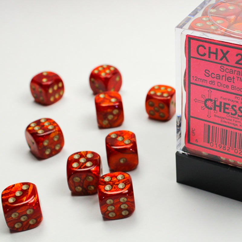 Chessex 12mm D6 Dice Block Scarab Scarlet Gold
